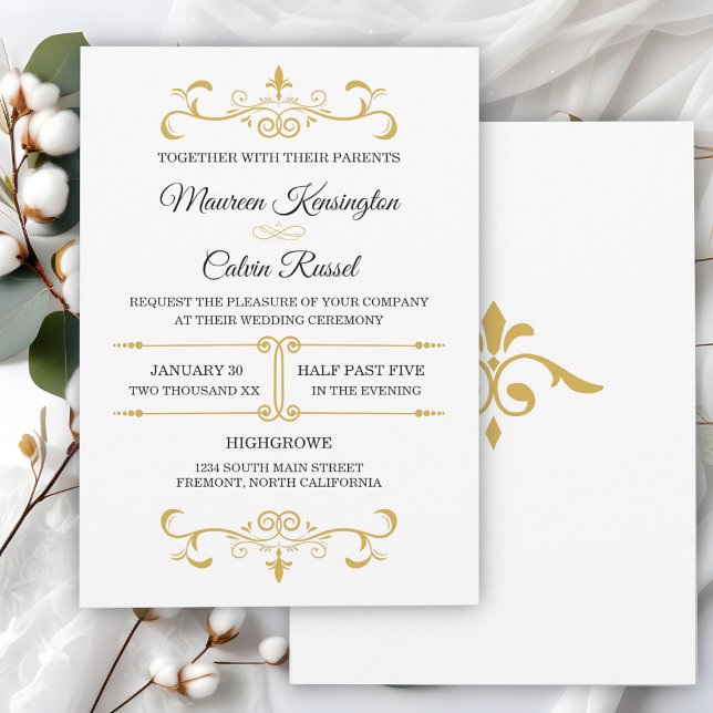 Elegant Gold Filigree on White, Wedding Invitation (Creator Uploaded)