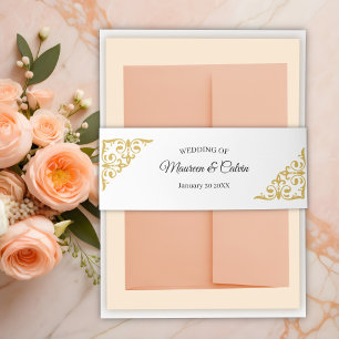 Elegant Gold Filigree on White Wedding Invitation Belly Band