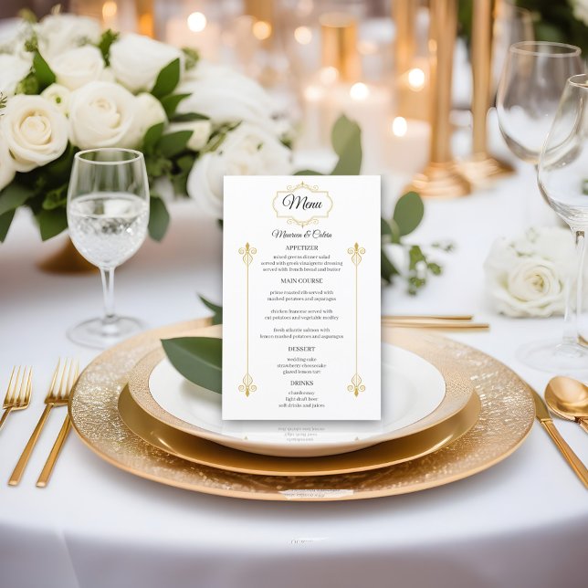 Elegant Gold Filigree on White Wedding Menu Budget (Creator Uploaded)