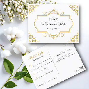 Elegant Gold Filigree on White, Wedding RSVP Postcard