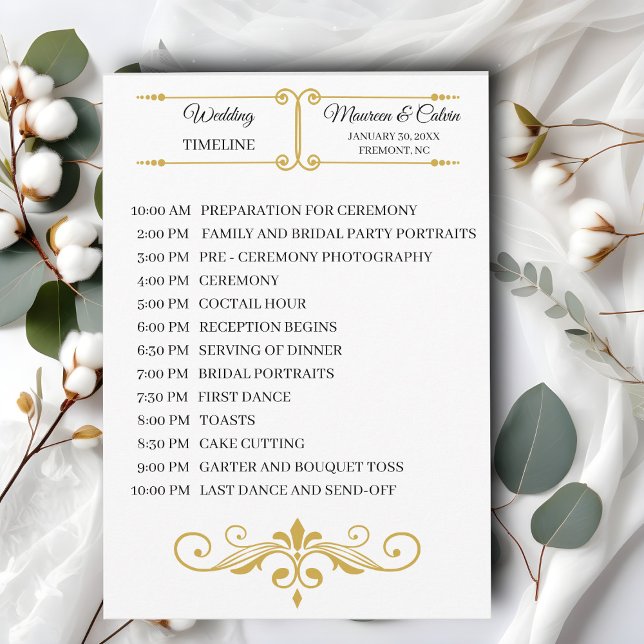 Elegant Gold Filigree on White, Wedding Timeline Program (Creator Uploaded)