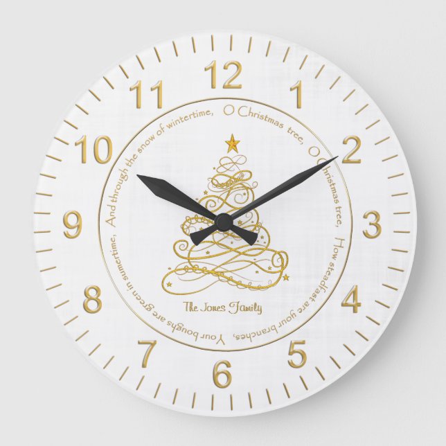 Elegant Gold Filigree Tree  "O Christmas Tree" Cir Large Clock (Front)