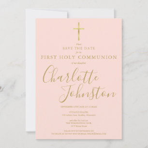 Elegant Gold First Holy Communion Blush Pink Save The Date