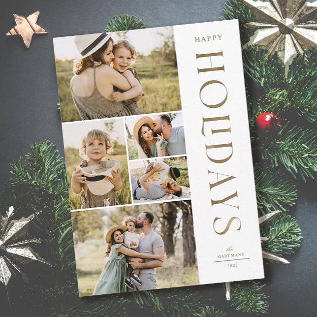 Elegant Gold Five Photo Collage Happy Holidays Holiday Card (Creator Uploaded)