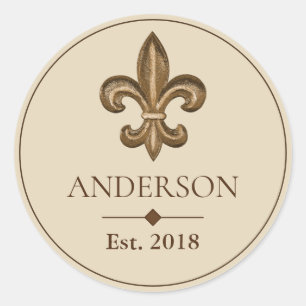 Elegant Gold Fleur de Lis & Family Name Classic Round Sticker