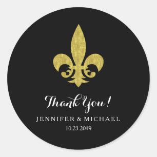 Elegant Gold Fleur de Lis for Wedding on Black Classic Round Sticker
