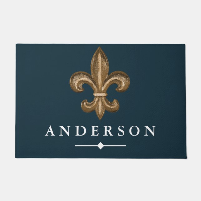 Elegant Gold Fleur de Lis & Navy | Personalised Doormat (Front)