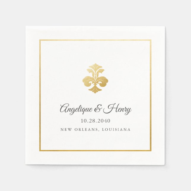 Elegant Gold Fleur de Lis Personalised Wedding  Napkin (Front)