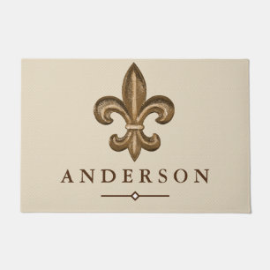 Elegant Gold Fleur de Lis & Taupe Personalised Doormat