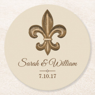 Elegant Gold Fleur de Lis & Taupe Personalised Round Paper Coaster