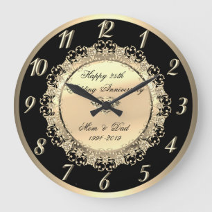 Elegant Gold Floral 25th Wedding Anniversary Large Clock