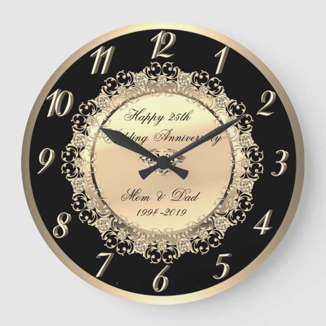 Elegant Gold Floral 25th Wedding Anniversary Large Clock (Front)