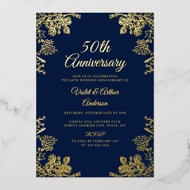 Elegant Gold Floral 50th Wedding Anniversary (Front)