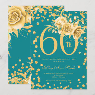 Elegant Gold Floral 60th Birthday Party Teal  Invitation