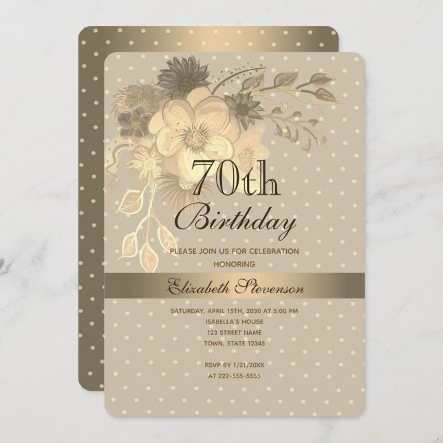 Elegant Gold Floral 70th Birthday Invitation (Front/Back)