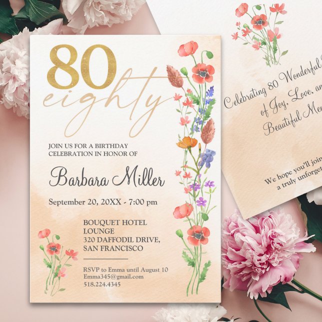 Elegant Gold Floral 80th Birthday – 80 Years Invit Invitation (Creator Uploaded)
