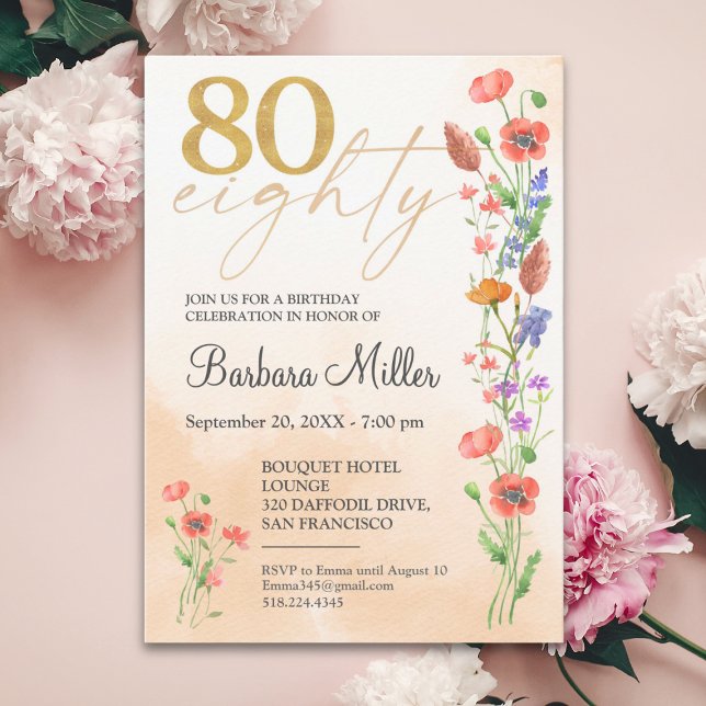 Elegant Gold Floral 80th Birthday – 80 Years Invitation (Creator Uploaded)