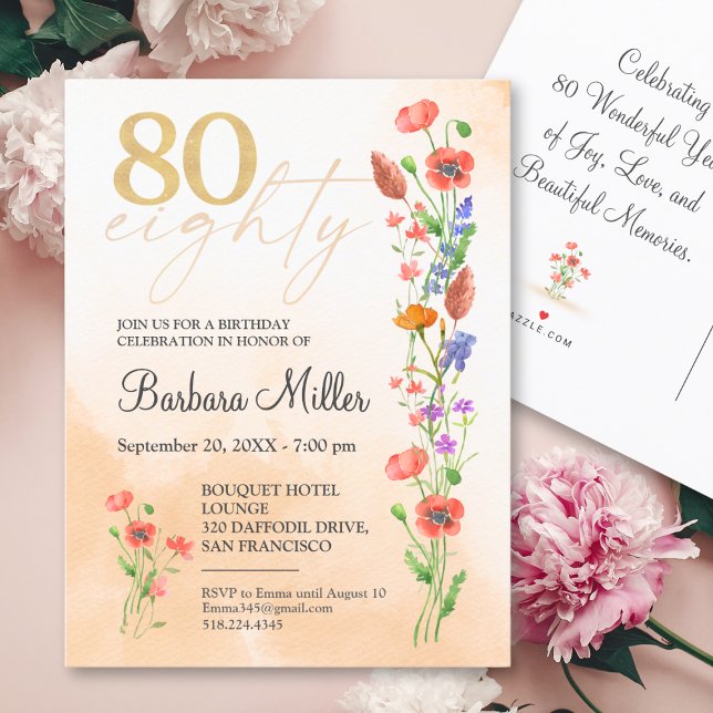 Elegant Gold Floral 80th Birthday – 80 Years Invitation Postcard (Creator Uploaded)