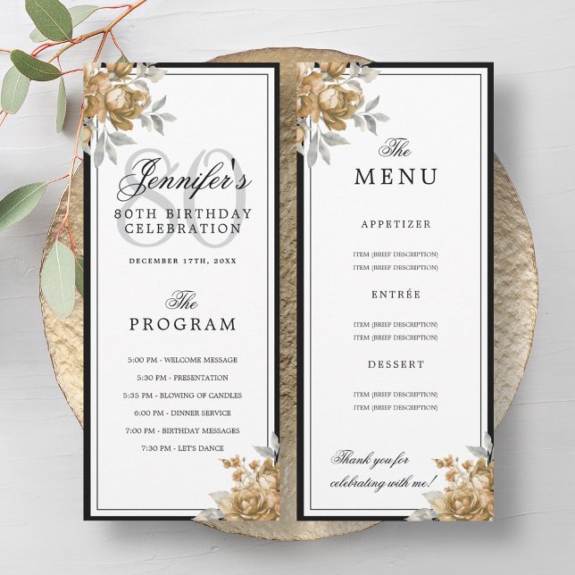 Elegant Gold Floral 80th Birthday Program Menu  (Elegant Gold Floral 80th Birthday Program Menu )