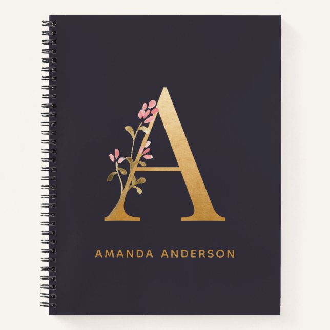 Elegant Gold Floral A Monogram Chic Personalised Notebook (Front)