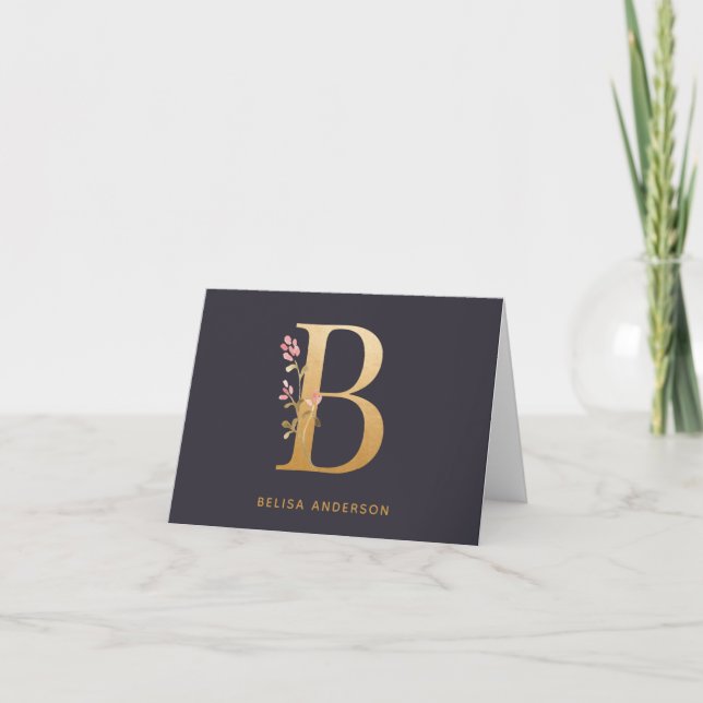 Elegant Gold Floral B Monogram Chic Personalised Note Card (Front)