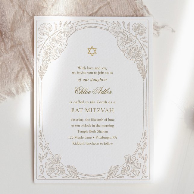 Elegant Gold Floral Bat Mitzvah  Invitation (Creator Uploaded)