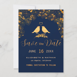 Elegant Gold Floral Birds Navy Blue Custom Photo Save The Date