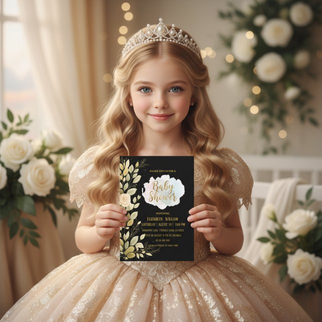 Elegant Gold Floral Black Baby Shower Invitation (Creator Uploaded)