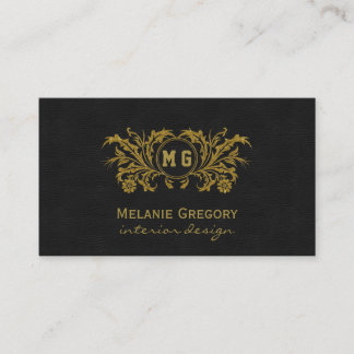 Elegant Gold Floral Black Custom Monogram Business Card