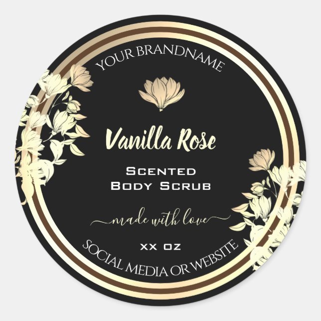 Elegant Gold Floral Black Product Packaging Labels (Front)