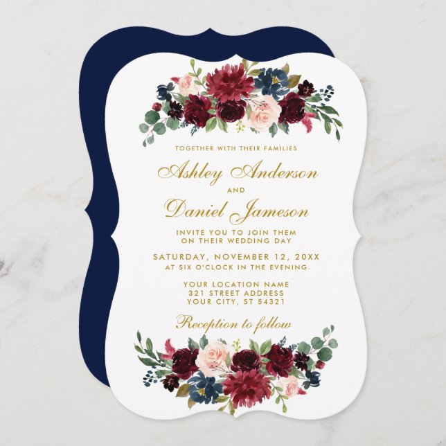 Elegant Gold  Floral Blue Burgundy Wedding BR Invitation (Front/Back)