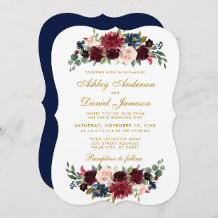 Elegant Gold Floral Blue Burgundy Wedding BR Invitation