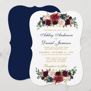 Elegant Gold Floral Blue Burgundy Wedding GB Invitation