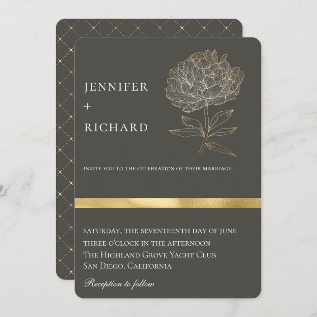 Elegant Gold Floral Botanical Grey Wedding Invitation (Front/Back)