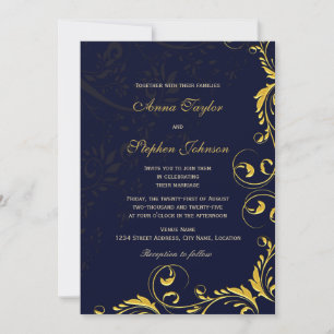 Elegant Gold Floral Botanical Swirls Navy Invitation