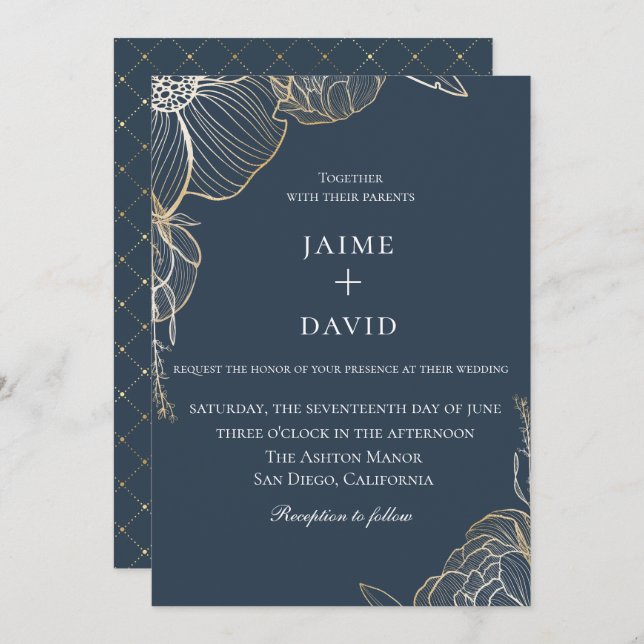 Elegant Gold Floral Botanical Wedding Invitation (Front/Back)