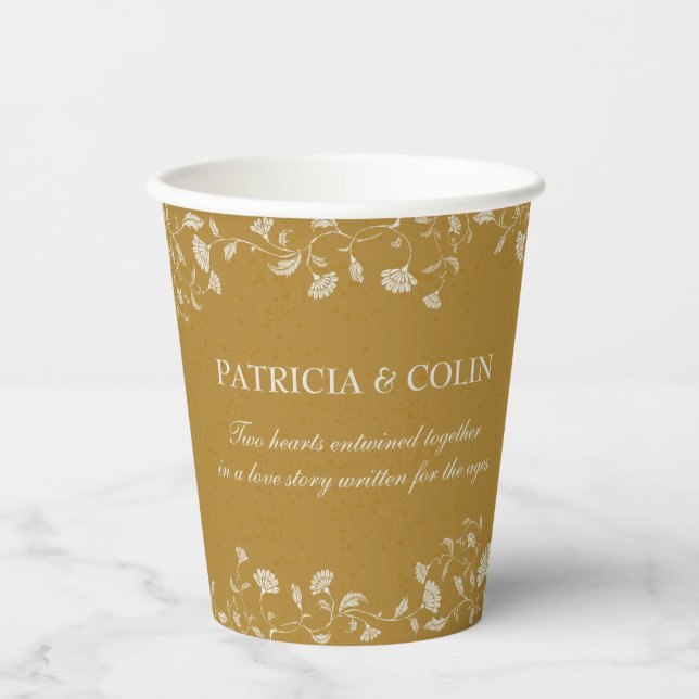 Elegant Gold Floral Bride and Groom Photo Wedding Paper Cups (Front)