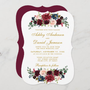 Elegant Gold  Floral Burgundy Blue Wedding BR Invitation
