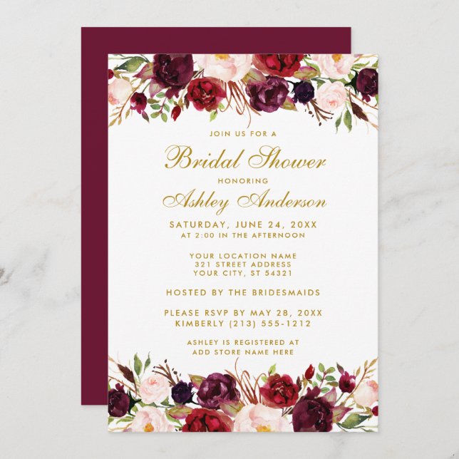 Elegant  Gold Floral Burgundy Bridal Shower Invitation (Front/Back)