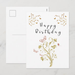 Elegant Gold Floral Butterfly Happy Birthday Holiday Postcard
