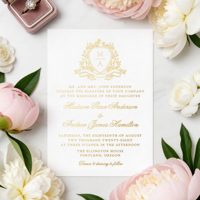 Elegant Gold Floral Crest Monogram Wedding (Creator Uploaded)