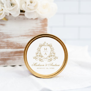 Elegant Gold Floral Crest Monogram Wedding Classic Round Sticker