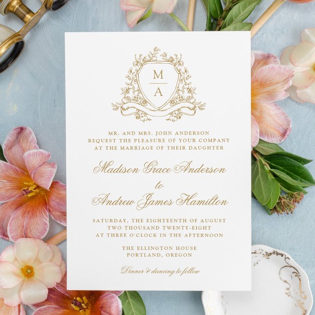 Elegant Gold Floral Crest Monogram Wedding Invitation (Creator Uploaded)