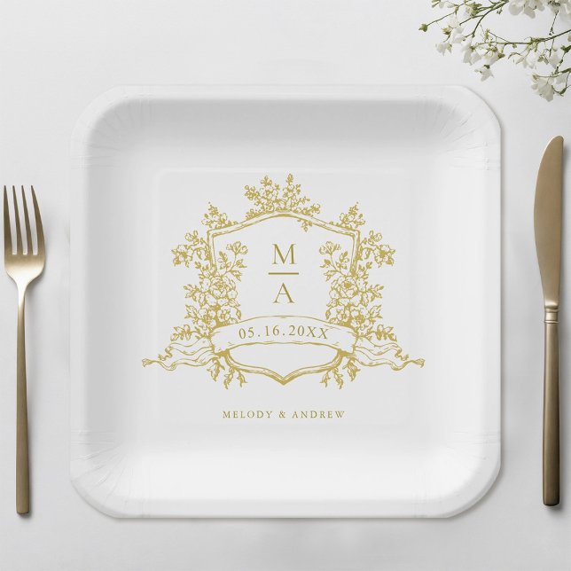 Elegant Gold Floral Crest Monogram Wedding Paper Plate (Creator Uploaded)