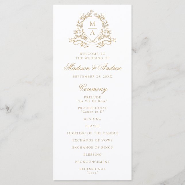 Elegant Gold Floral Crest Monogram Wedding Program (Front)