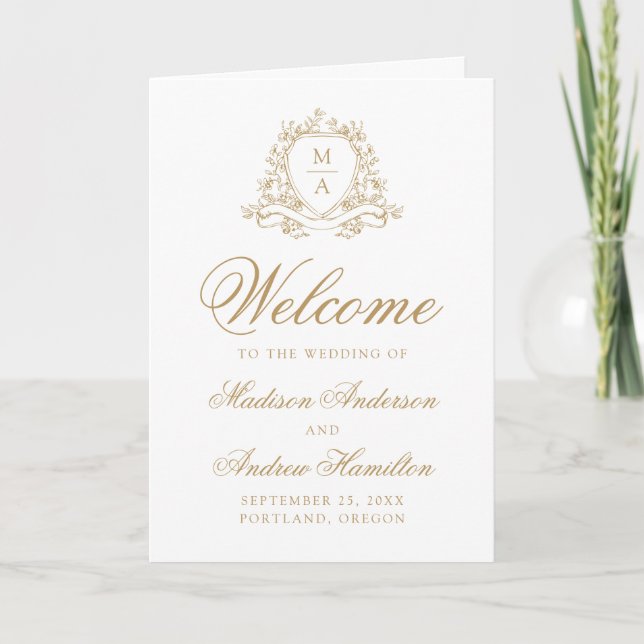 Elegant Gold Floral Crest Monogram Wedding Program (Front)