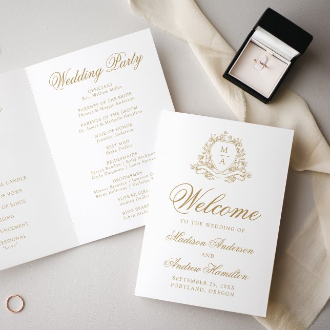 Elegant Gold Floral Crest Monogram Wedding Program (Creator Uploaded)
