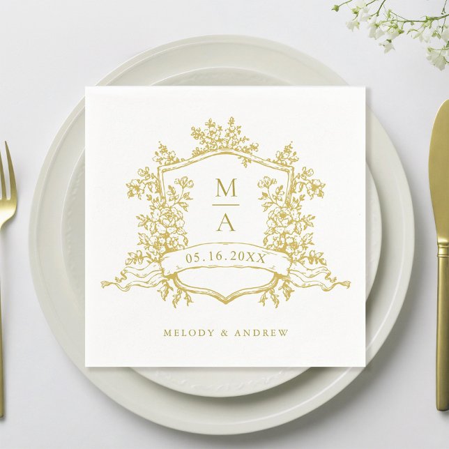 Elegant Gold Floral Crest Monograms Wedding Napkin (Creator Uploaded)