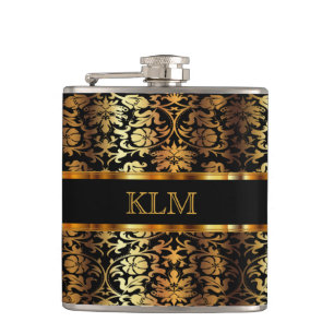 Elegant Gold Floral Damask and Black Hip Flask