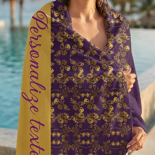 Elegant Gold Floral Damask Royal Purple Custom Beach Towel